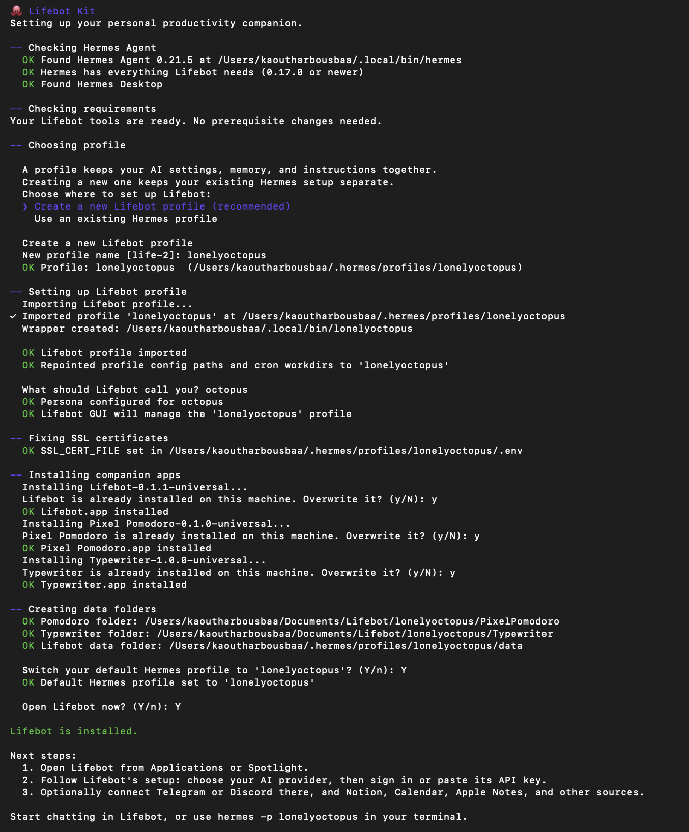 Terminal installation: profile import, companion apps and Lifebot is installed.
